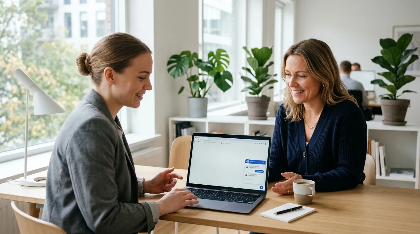 Virksomhed vurderer AI chatbot på hjemmeside i moderne kontormiljø