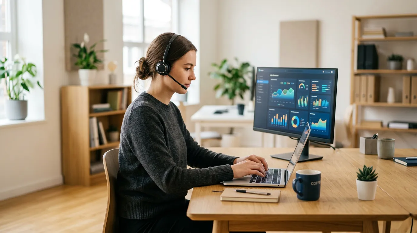 Kundeservicemedarbejder med headset ved laptop der bruger AI til at besvare supporthenvendelser