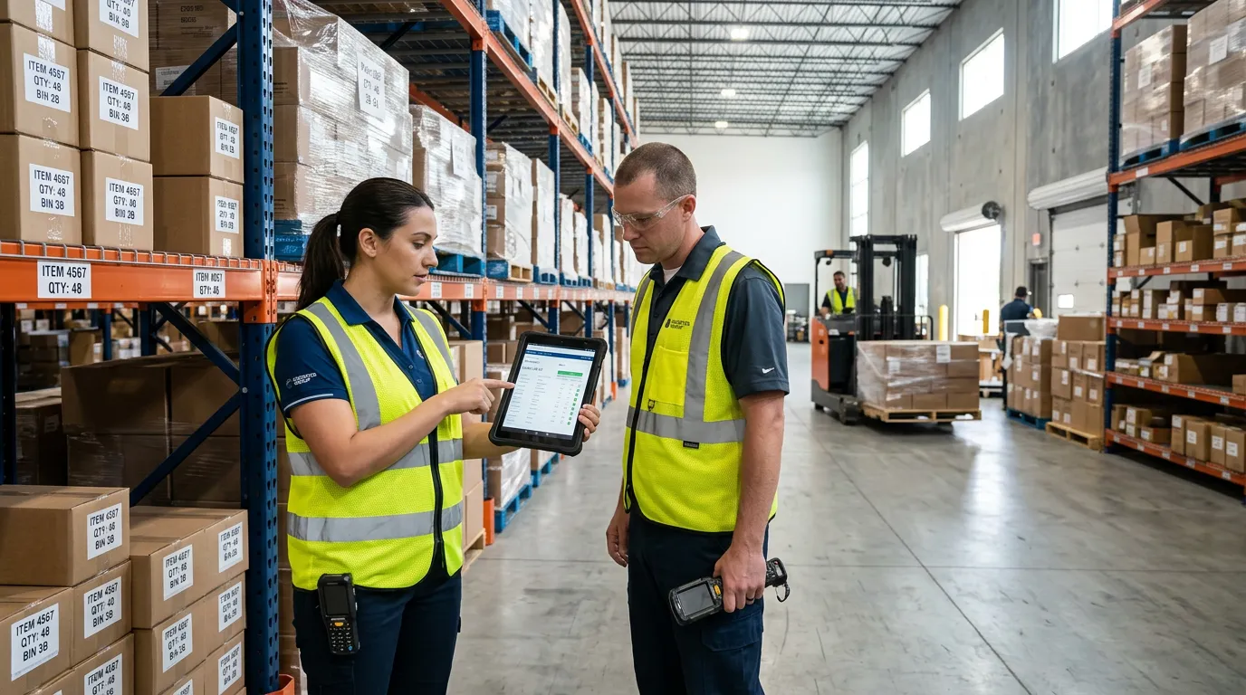 AI lagerstyring i moderne lager med data, varer og lageransvarlig