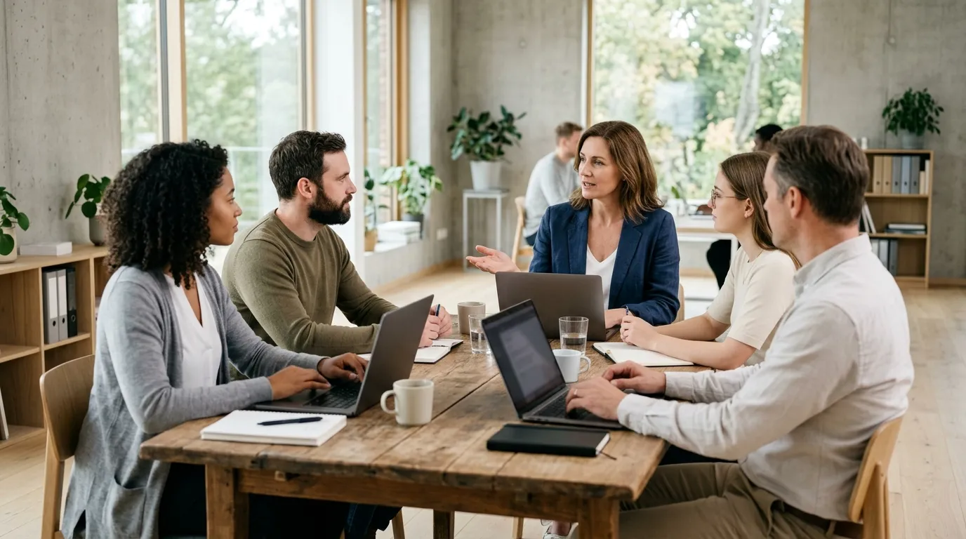 Leder gennemgår AI politik med medarbejdere på kontor med fokus på sikker brug af AI værktøjer