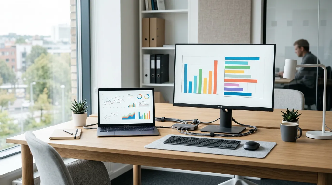 Laptop med KPI dashboard og grafer der viser automatiseret KPI rapportering og ledelsesoverblik