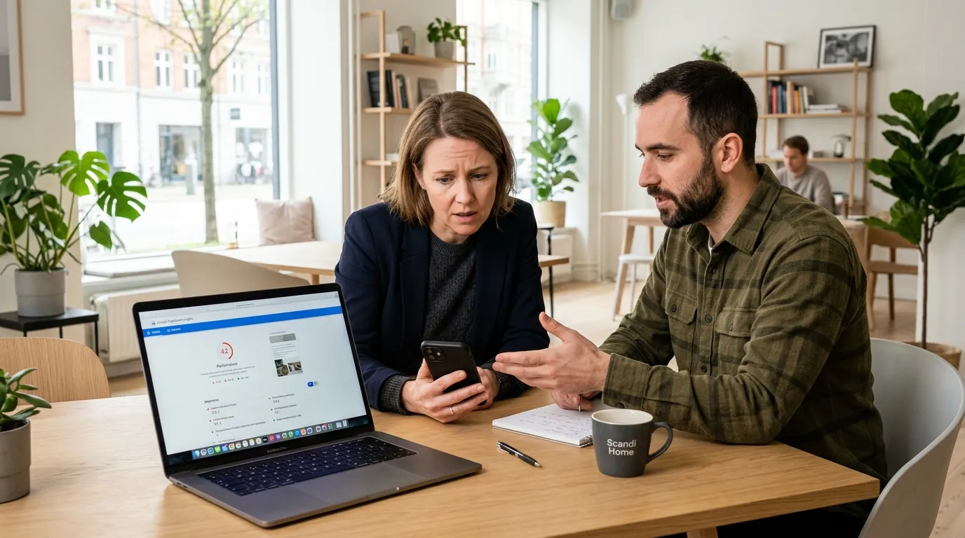 Virksomhedsejer tjekker mobil hastighed og Core Web Vitals på hjemmeside