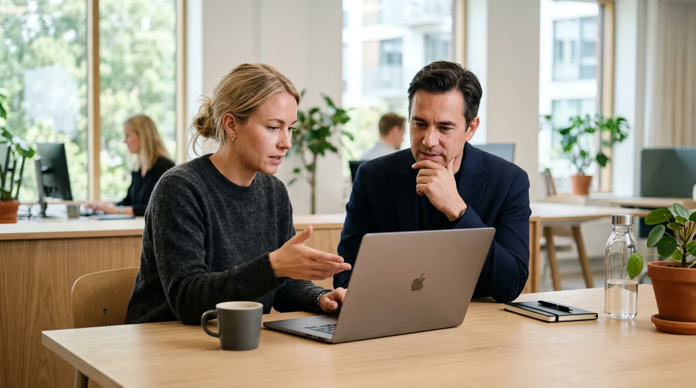 Medarbejdere i kontormiljø arbejder med ChatGPT prompts for at få bedre svar fra AI