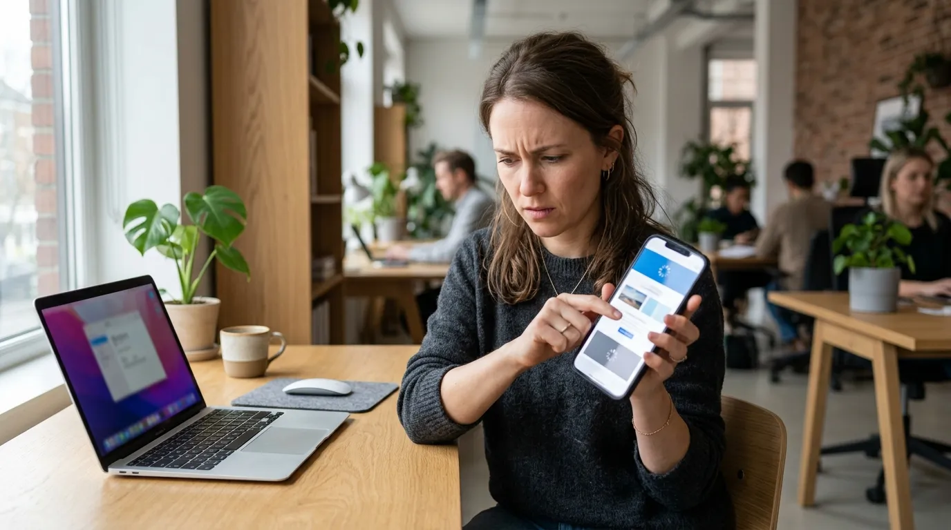 Virksomhedsejer tester langsom hjemmeside på mobil ved skrivebord