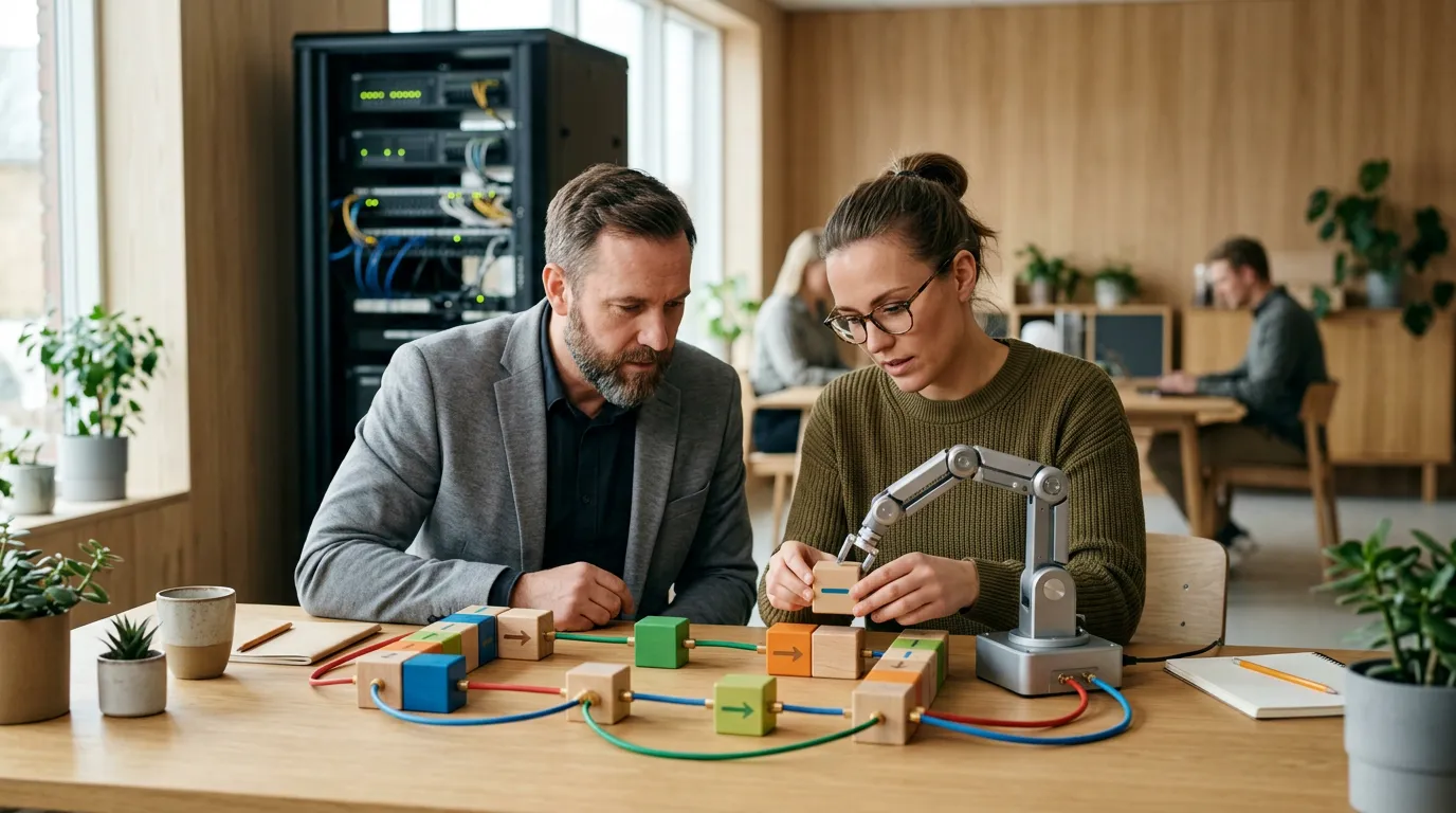 RPA API integration og workflow automatisering visualiseret med blokke, kabler og en lille robotarm i kontormiljø