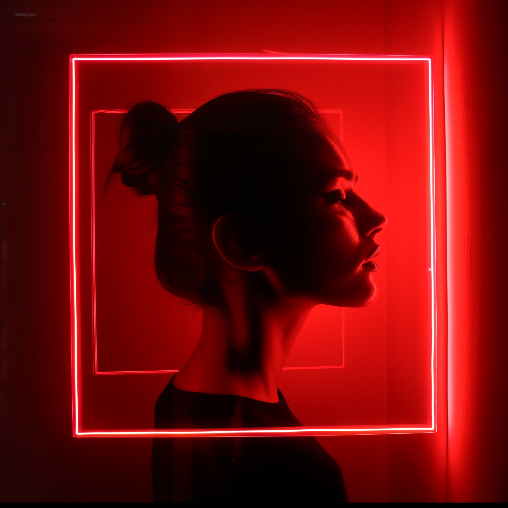 Everything is pitch black besides a large LED square glows with a vibrant red light, casting a stark, luminous contrast against the shadows. Inside the LED is a silhouette of a beautiful young women, futuristic ambiance, Realism